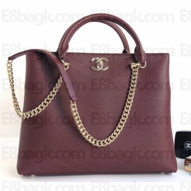 Chanel Calfskin Coco Chevron Large Shopping Tote Bag Burgundy A57553 2018