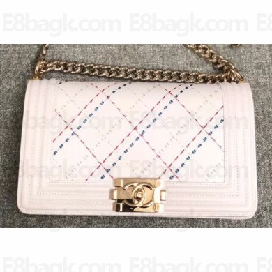 Chanel Thread Embroidered Boy Medium Flap Bag White 2018