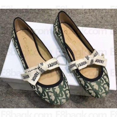Dior J'Adior And Bow Ribbon Ballet Pumps In Obliuqe Jacquard Canvas Green 2019