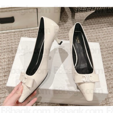 Celine women's patent leather pumps with bow in white heel 5cm 1127-2024