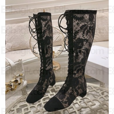 Dior Naughtily-D High Boots in black Transparent Mesh and Suede Embroidered with Dior Roses Motif  Heel 3.5cm  2024
