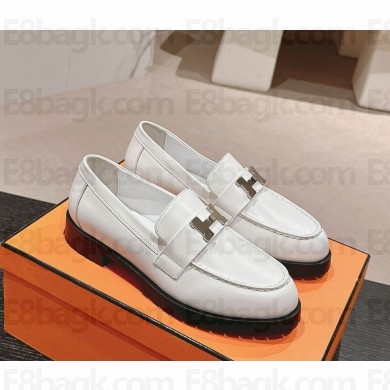 Hermes British style H buckle patent leather loafers white  1115-2024