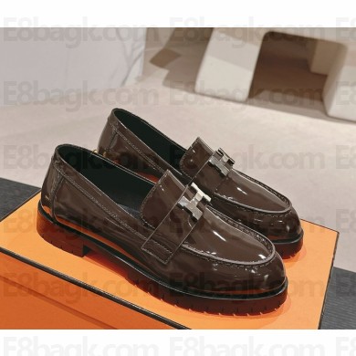 Hermes British style H buckle patent leather loafers coffee 1115-2024