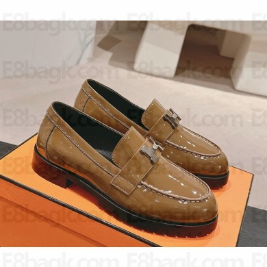 Hermes British style H buckle patent leather loafers dark brown  1115-2024