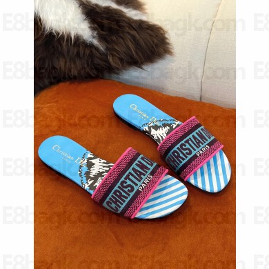 dior Blue Multicolor D-Jungle Pop Embroidered Cotton Dway Slide 2022