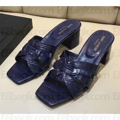 Saint Laurent Heel Slide Sandal In Crocodile Textured With Intertwining Straps Dark Blue 2018