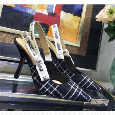 Dior J’Adior Slingback Heel 95MM Pump in Tartan Fabric Black/White 2018