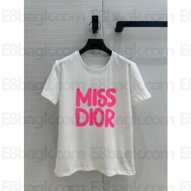 DIOR White Cotton Jersey with Bright Pink Miss Dior Graffiti Motif T-Shirt 2025