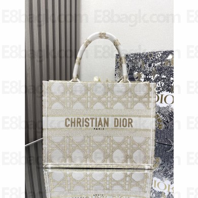 Dior Medium Book Tote Bag in White and Gold-Tone Macrocannage Embroidery 2024