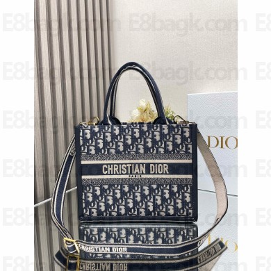 Dior small Book Tote Bag in Blue Dior Oblique Embroidery and Calfskin with strap 2024