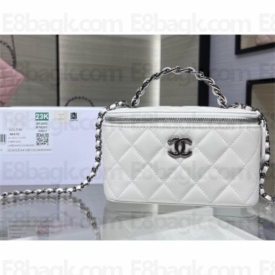 chanel Shiny Crumpled Calfskin, Strass & Ruthenium-Finish Metal Clutch with Chain AP3593 white 2023