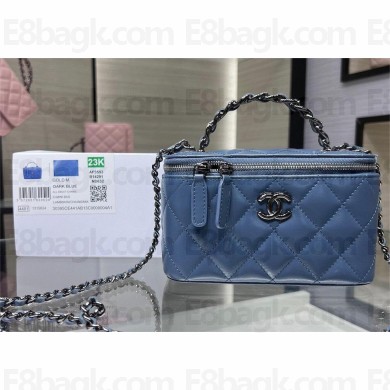 chanel Shiny Crumpled Calfskin, Strass & Ruthenium-Finish Metal Clutch with Chain AP3593 blue 2023