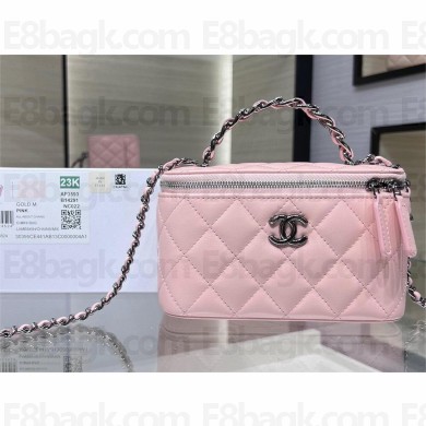 chanel Shiny Crumpled Calfskin, Strass & Ruthenium-Finish Metal Clutch with Chain AP3593 pink 2023