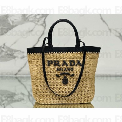 PRADA SMALL crochet and leather tote bag 1BG500 Tan/Black 2024