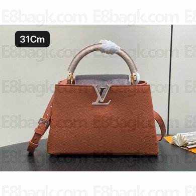LOUIS VUITTON Capucines MM bag IN Taurillon leather M12956 Tan Brown/Chocolate Brown/Galet Brown/Gray 2025