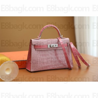 Hermes Mini Kelly II Handbag in alligator leather pink with crystals hardware(handmade)