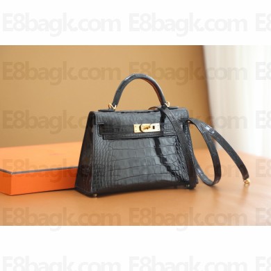 Hermes Mini Kelly II Handbag in alligator leather noir with gold hardware(handmade)