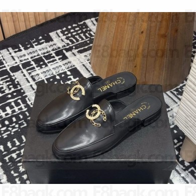 CHANEL black sheepskin CHARM mules 1127-2024