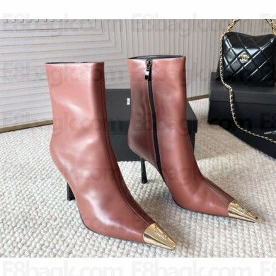 Saint Laurent Calfskin Pointed Ankle Boots brown heel 10cm 2024