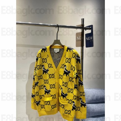 Gucci GG and skunk jacquard wool knit cardigan yellow 716113 2022