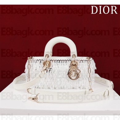 Dior Medium Lady D-Joy Bag in white Fabric Embroidered with Glass-Bead Fringe 2024