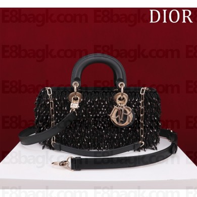Dior Medium Lady D-Joy Bag in Black Fabric Embroidered with Glass-Bead Fringe 2024