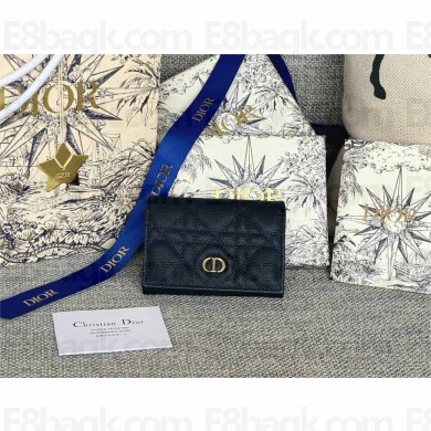 Dior Caro Glycine Wallet in navy blue Supple Cannage Calfskin/silver 2024