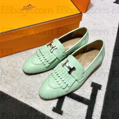 Hermes Leather royal Loafers with fringe mint green