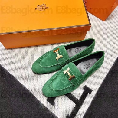 Hermes suede Leather royal Loafers green