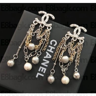 Chanel CC Earrings with Chain and Beads Pendant Silver/Gold/Pearly White 2018