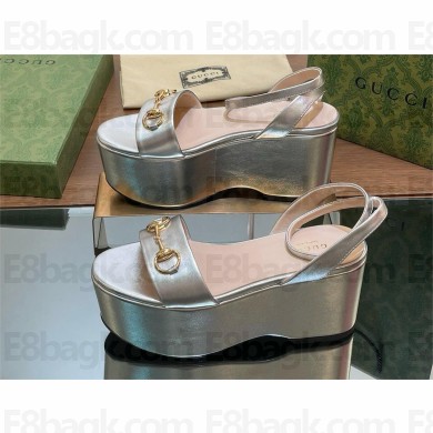 Gucci Women's Horsebit flatform sandal in silver leather 794358 2024
