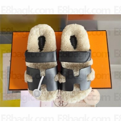 Hermes Chypre sandals in calfskin with shearling lining black 2025