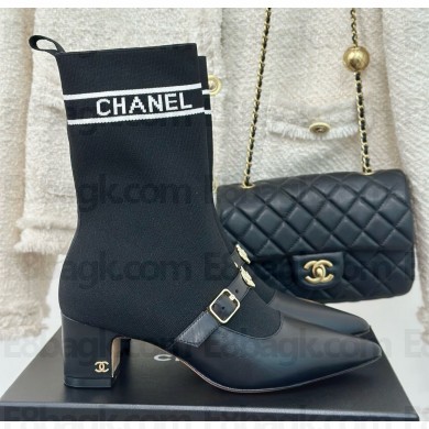 Chanel socks boot in black calfskin/knit wool thread 1023-2024
