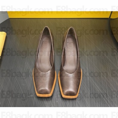 Fendi SQUARE TOE CHUNKY LOW HEEL PUMP calfskin in coffee heel 5cm 2024