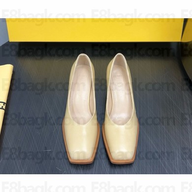 Fendi SQUARE TOE CHUNKY LOW HEEL PUMP calfskin in beige heel 5cm 2024