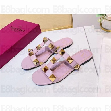 VALENTINO ROMAN STUD FLAT CALFSKIN SLIDE SANDAL LIGHT PINK 2023