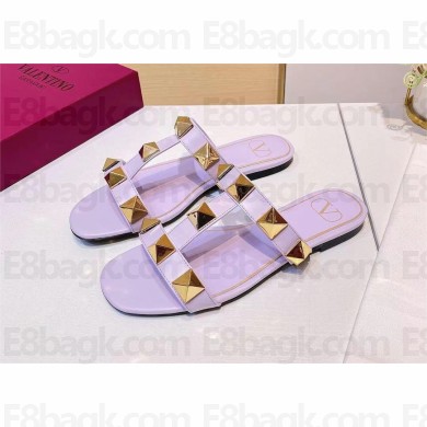 VALENTINO ROMAN STUD FLAT CALFSKIN SLIDE SANDAL PURPLE 2023