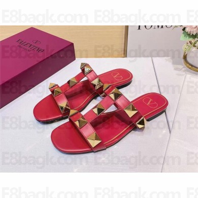 VALENTINO ROMAN STUD FLAT CALFSKIN SLIDE SANDAL RED 2023