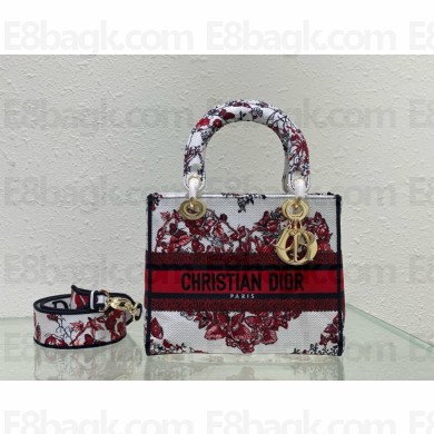 dior Medium Lady D-Lite Bag in White and Red Le Cœur des Papillons Embroidery 2024