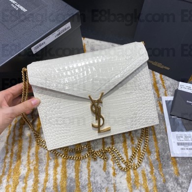Saint Laurent Cassandra Monogram Clasp Bag in Crocodile Embossed Shiny Leather 532750 White