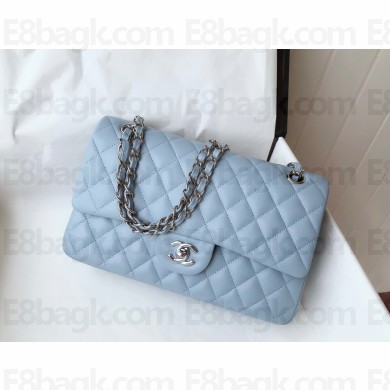 chanel 1112 medium classic flap bag in sheepskin sky blue with silver hardware
