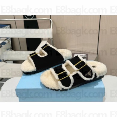 Prada women's strap slides suede leather slippers with shearling black 2024