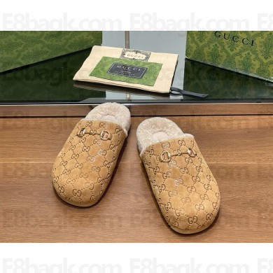 Gucci Women's/men's Horsebit mule Beige GG suede with shearling 2024
