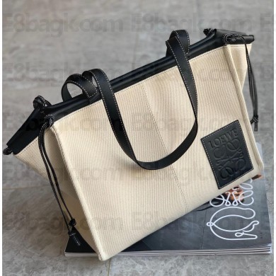 Loewe large cushion tote bag in canvas and calfskin creamy/black 2023