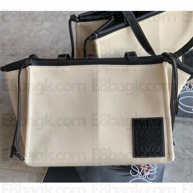 Loewe small cushion tote bag in canvas and calfskin creamy/black 2023