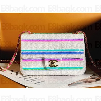 Chanel Embroidered Tweed, Sequins & Gold-Tone Metal White, Pink, Green & Blue Mini Classic Handbag A69900 2024