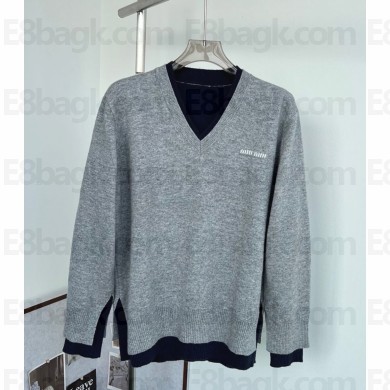 MIU MIU Silk and cashmere V-neck sweater MML994 GREY+BLUE 2025