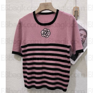 CHANEL knit T-SHIRT striped black/pink 2025