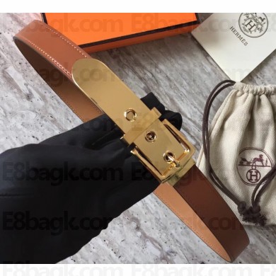 Hermes Square Buckle Leather Belt Brown/Gold