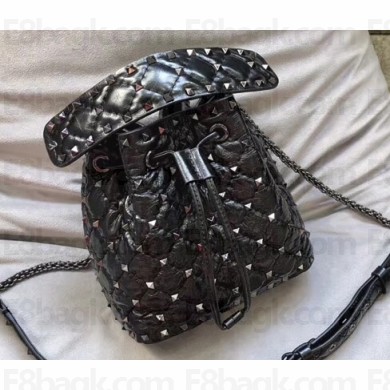 Valentino Rockstud Spike Small Bucket Bag 0059 Crinkled Black